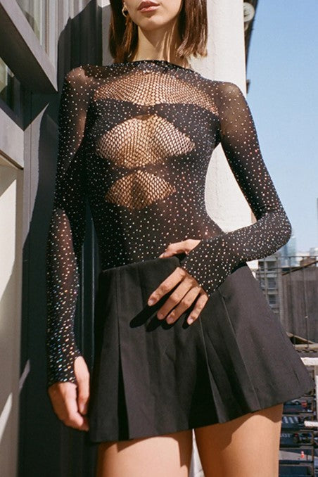 Rhinestone Sheer Mesh Long Sleeve Bodysuit - black