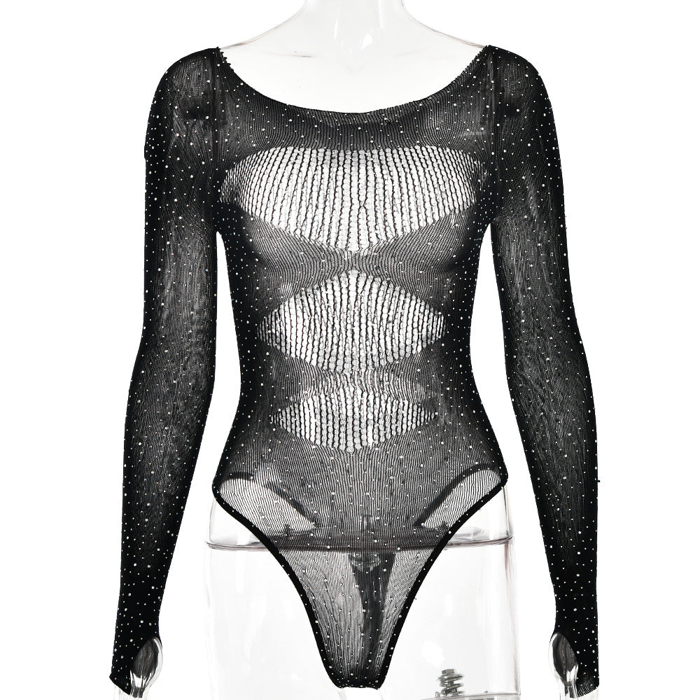 Rhinestone Sheer Mesh Long Sleeve Bodysuit - black - 4