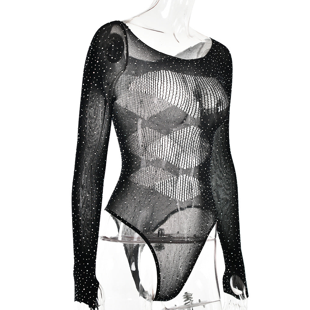 Rhinestone Sheer Mesh Long Sleeve Bodysuit - black - 5