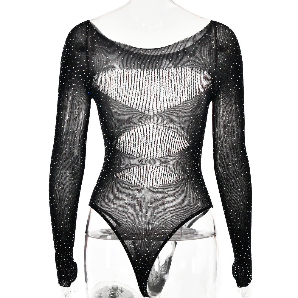 Rhinestone Sheer Mesh Long Sleeve Bodysuit - black - 6