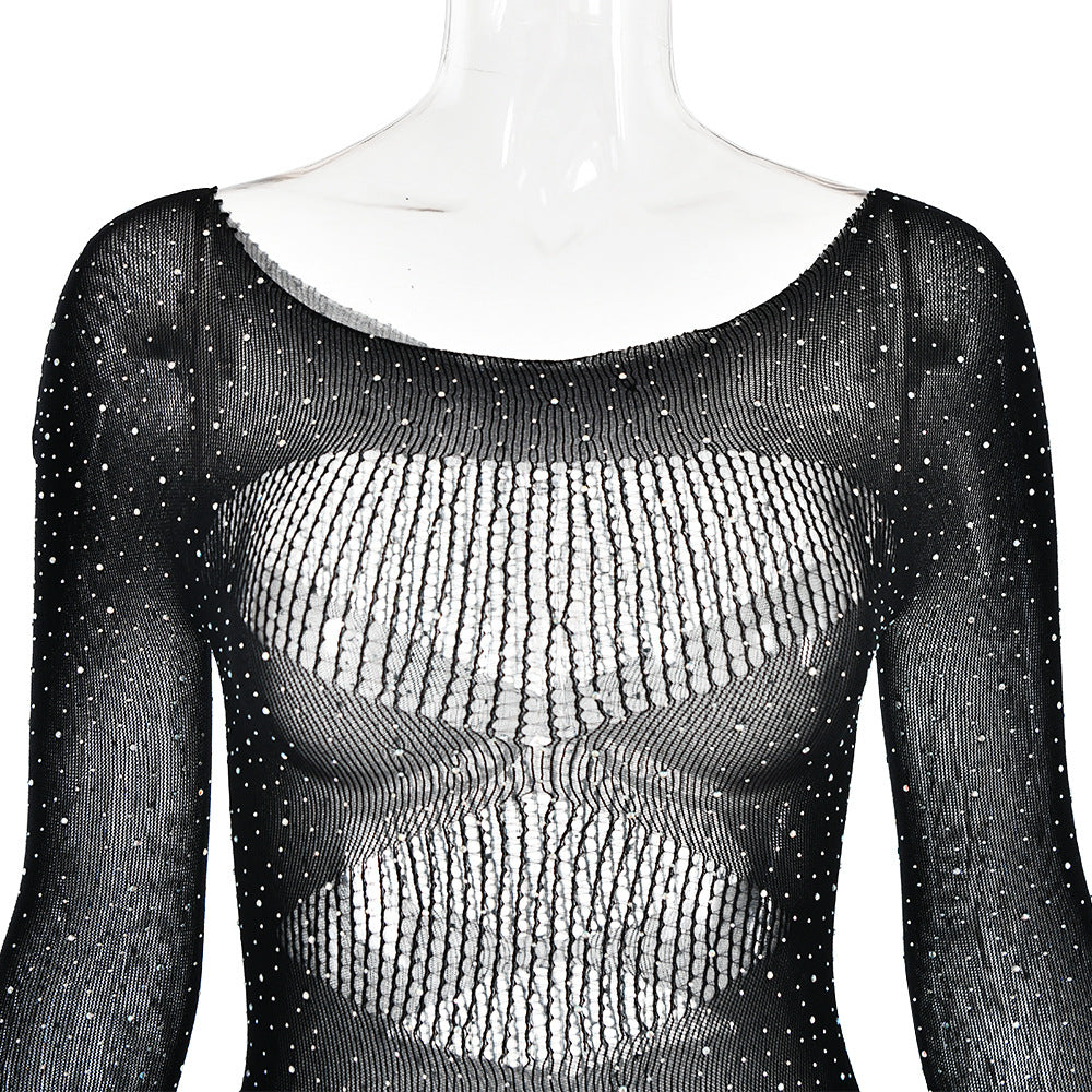 Rhinestone Sheer Mesh Long Sleeve Bodysuit - black - 7
