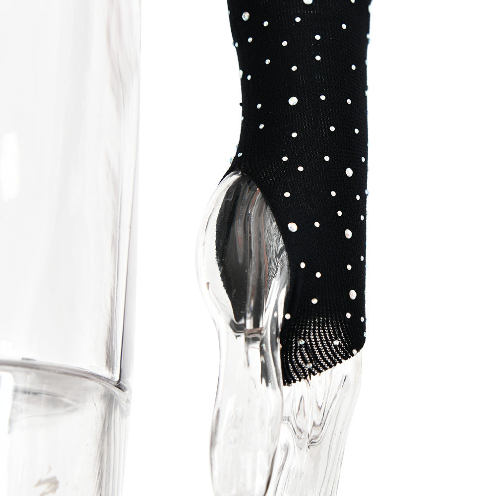 Rhinestone Sheer Mesh Long Sleeve Bodysuit - black - 8