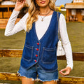 Heart Button Denim Vest With Patch Pockets - Blue