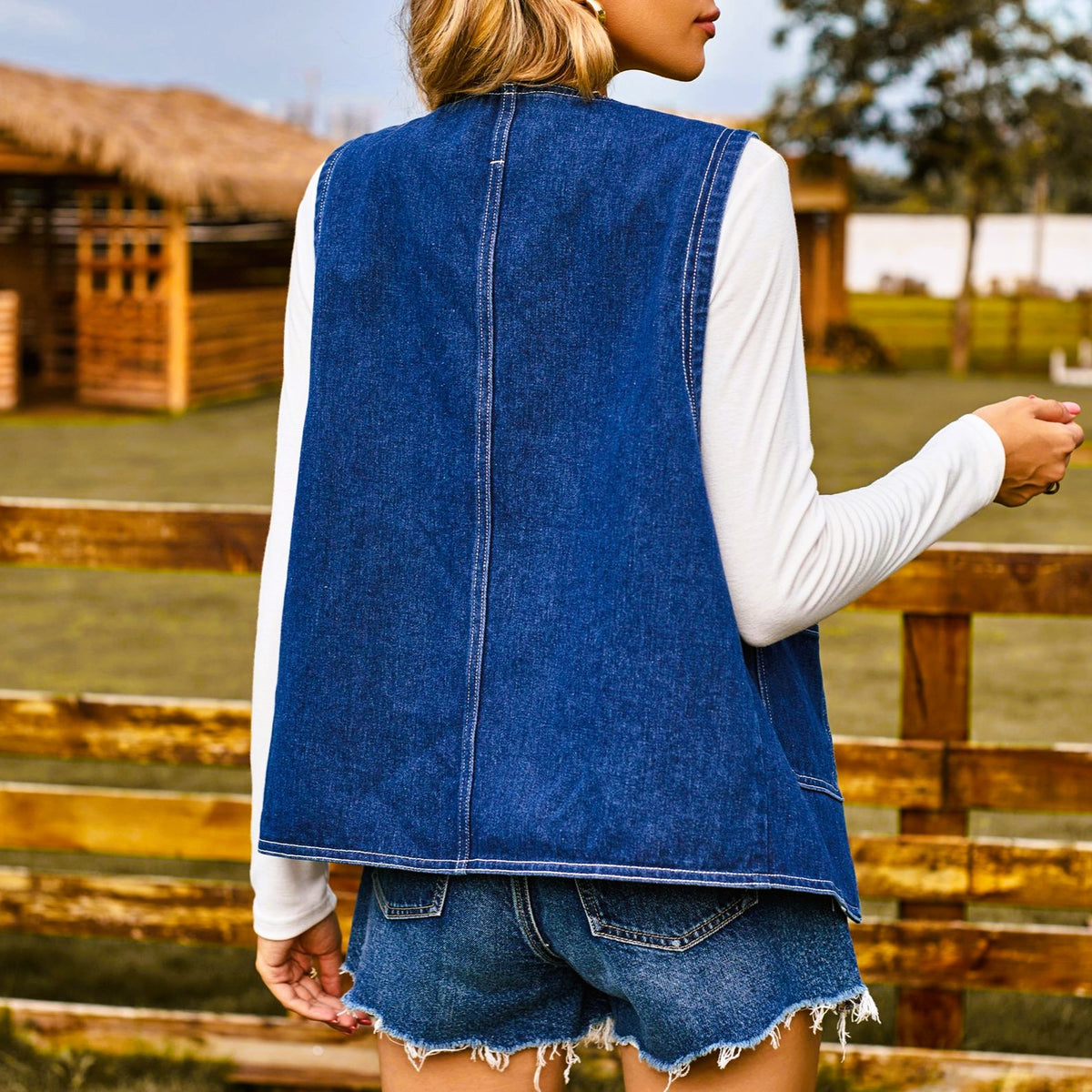 Heart Button Denim Vest With Patch Pockets - Blue - 4