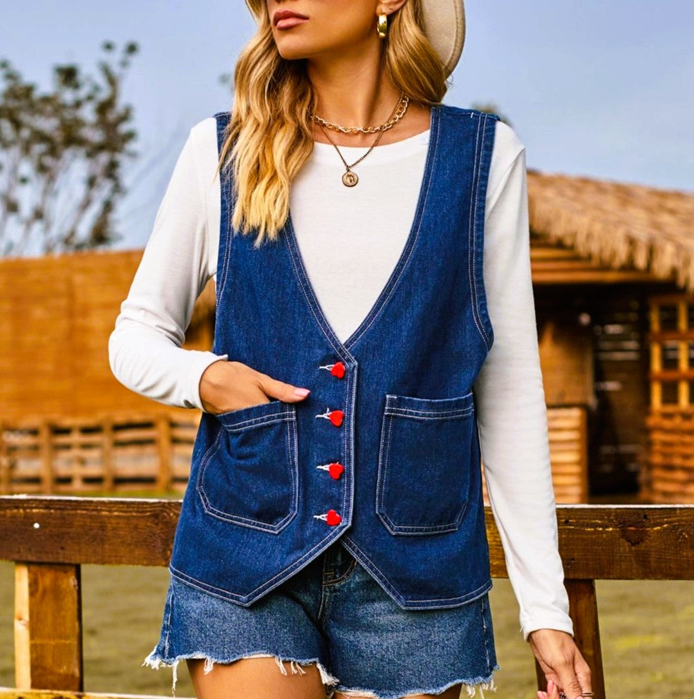 Heart Button Denim Vest With Patch Pockets