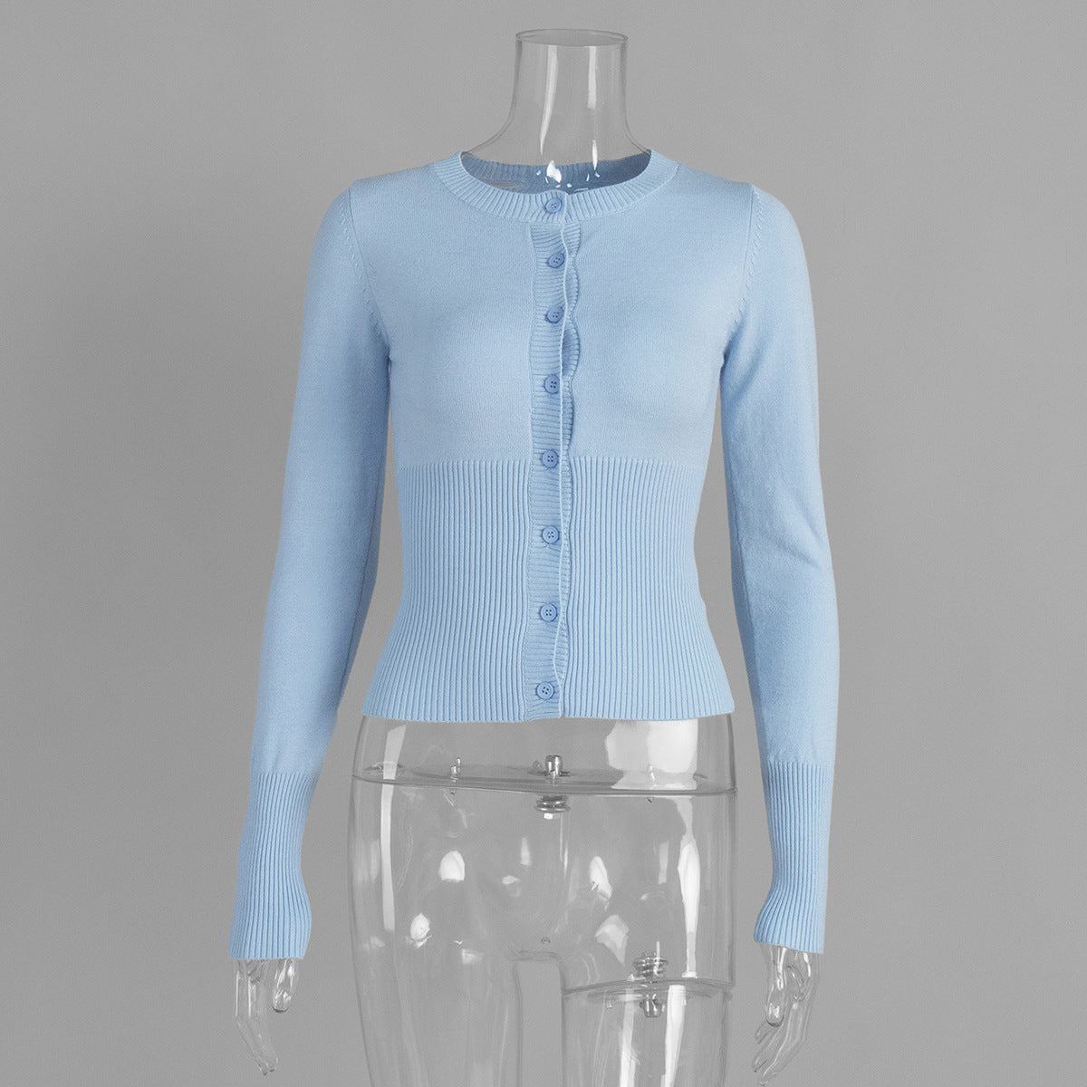 Slim Fit Ribbed Button Front Cardigan - Blue - 1