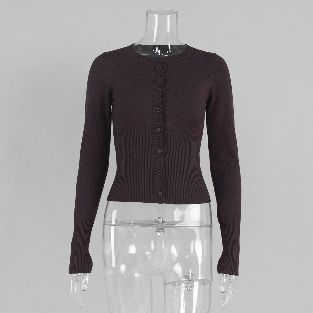 Slim Fit Ribbed Button Front Cardigan - Coffee