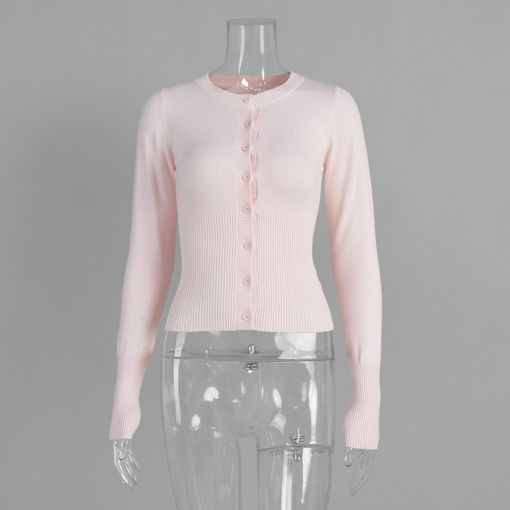 Slim Fit Ribbed Button Front Cardigan - Pink