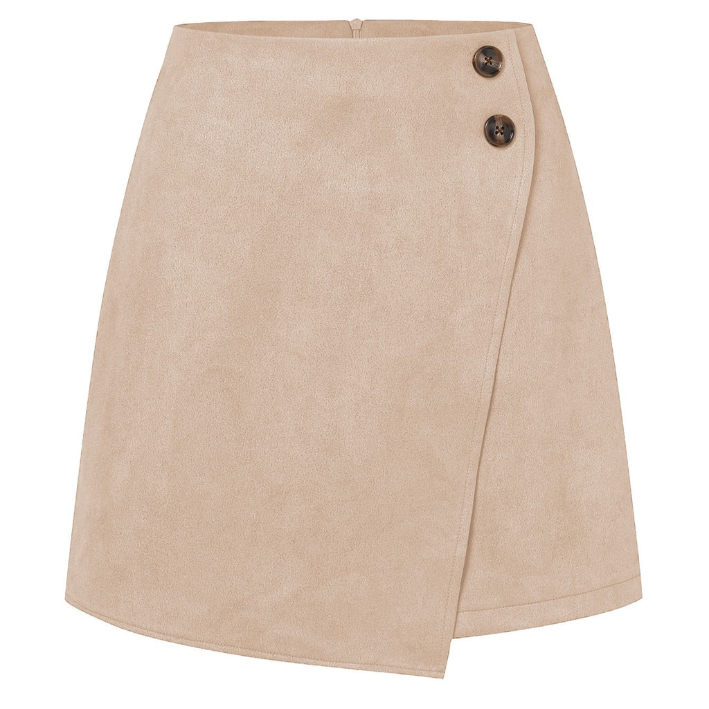 Buttoned Faux Suede Wrap Mini Skirt - Beige