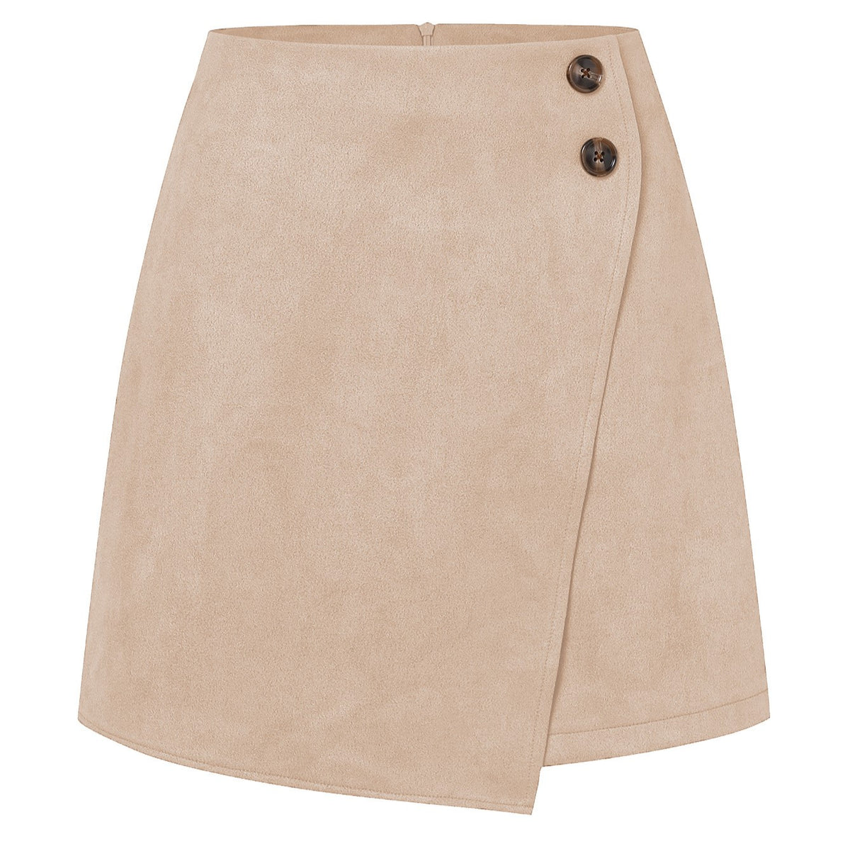 Buttoned Faux Suede Wrap Mini Skirt - Beige