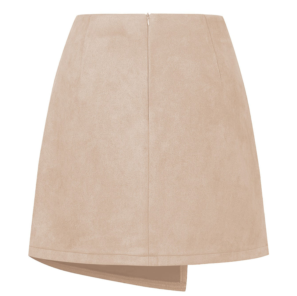 Buttoned Faux Suede Wrap Mini Skirt - Beige - 1