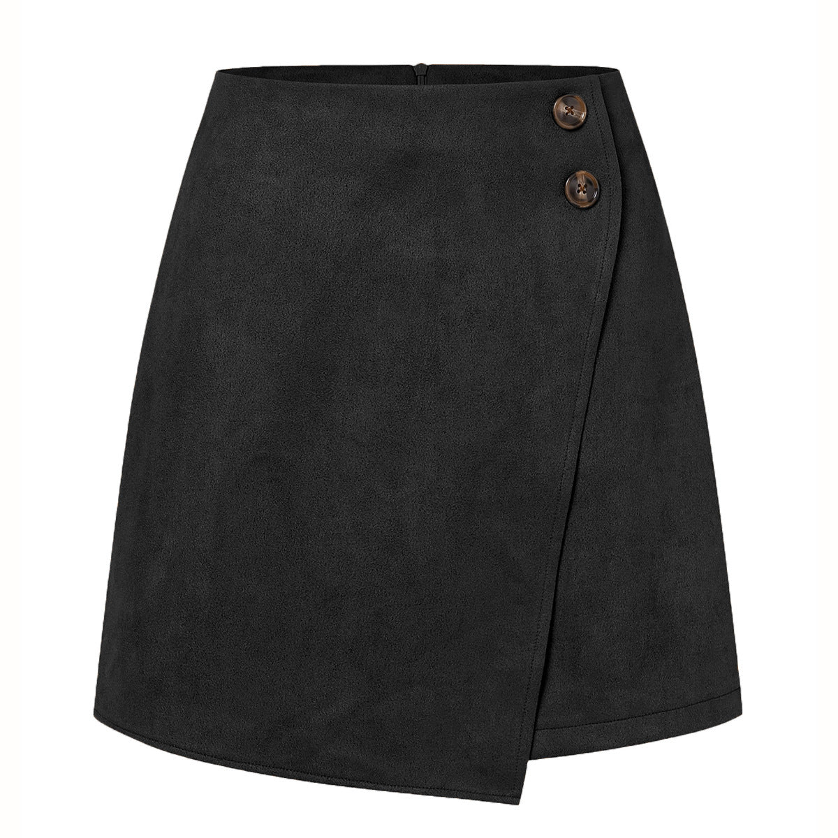 Buttoned Faux Suede Wrap Mini Skirt - Black