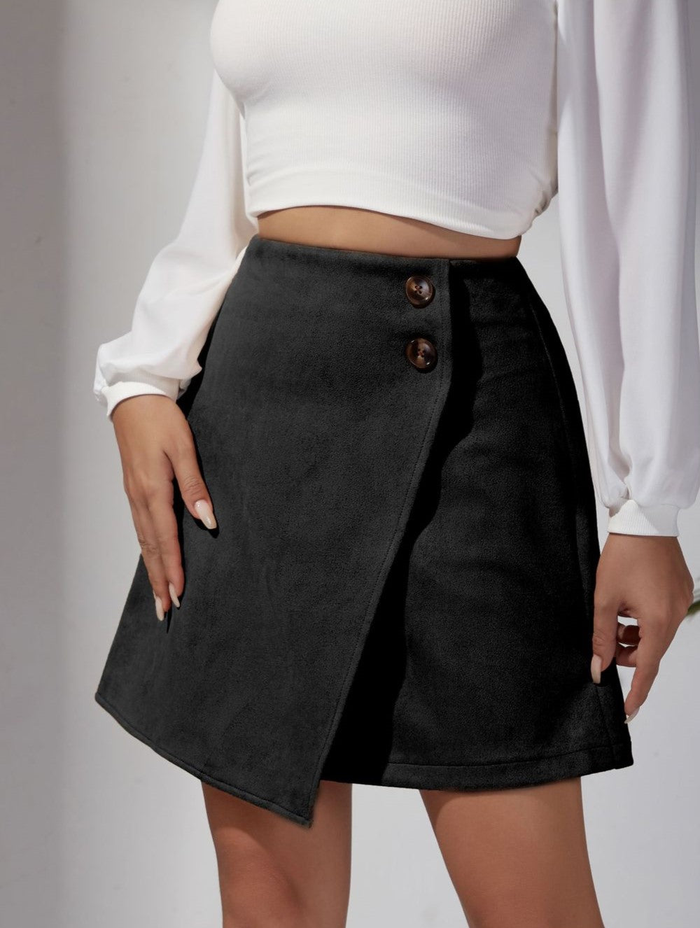 Buttoned Faux Suede Wrap Mini Skirt - Black - 1