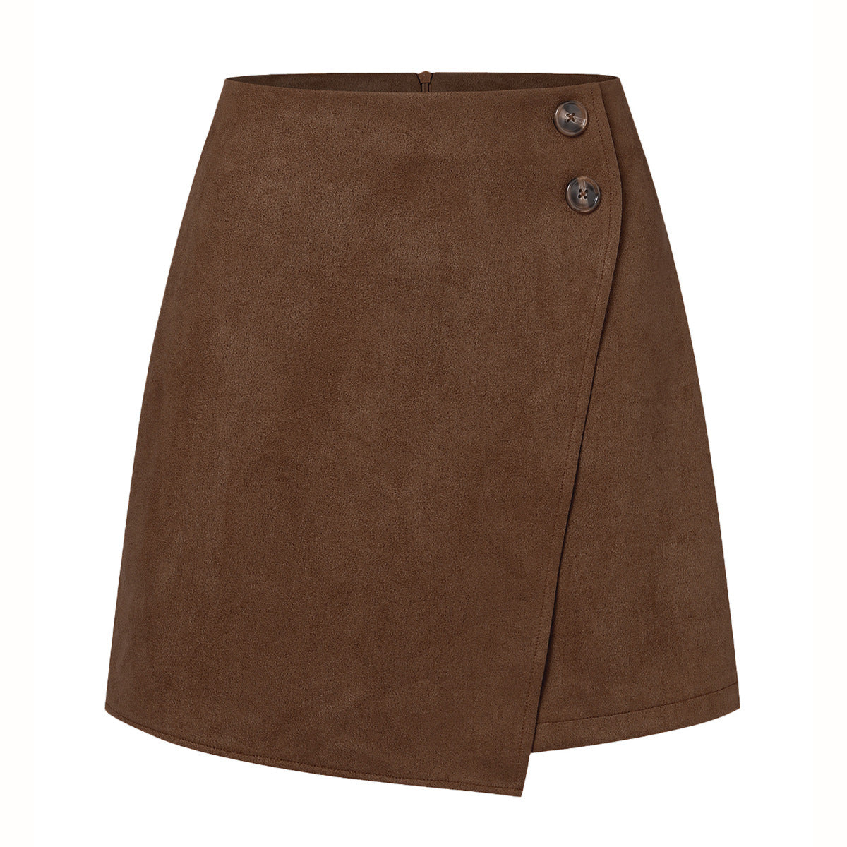 Buttoned Faux Suede Wrap Mini Skirt - Brown - 1