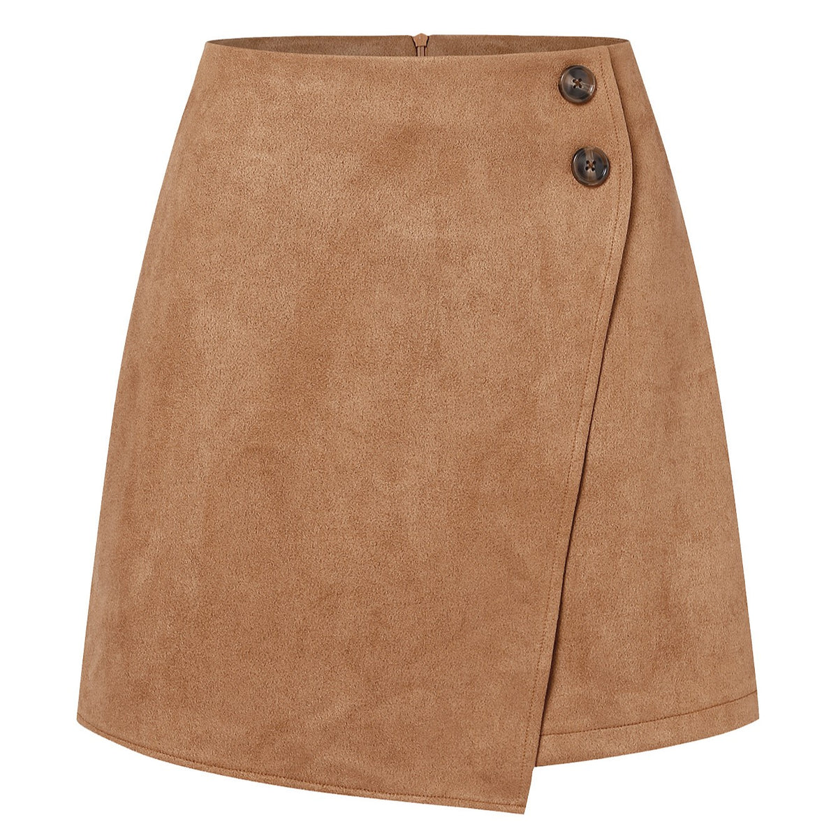 Buttoned Faux Suede Wrap Mini Skirt - Camel