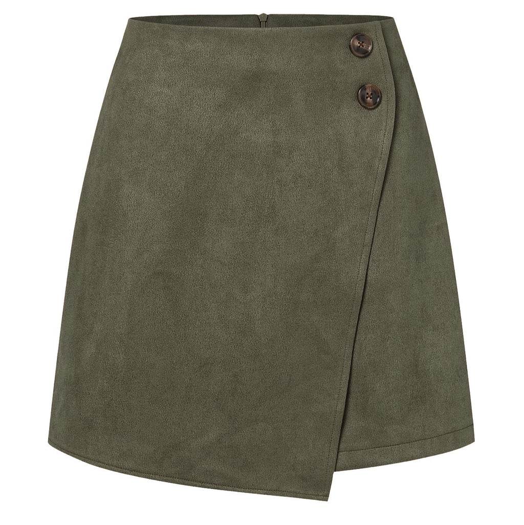 Buttoned Faux Suede Wrap Mini Skirt - Green