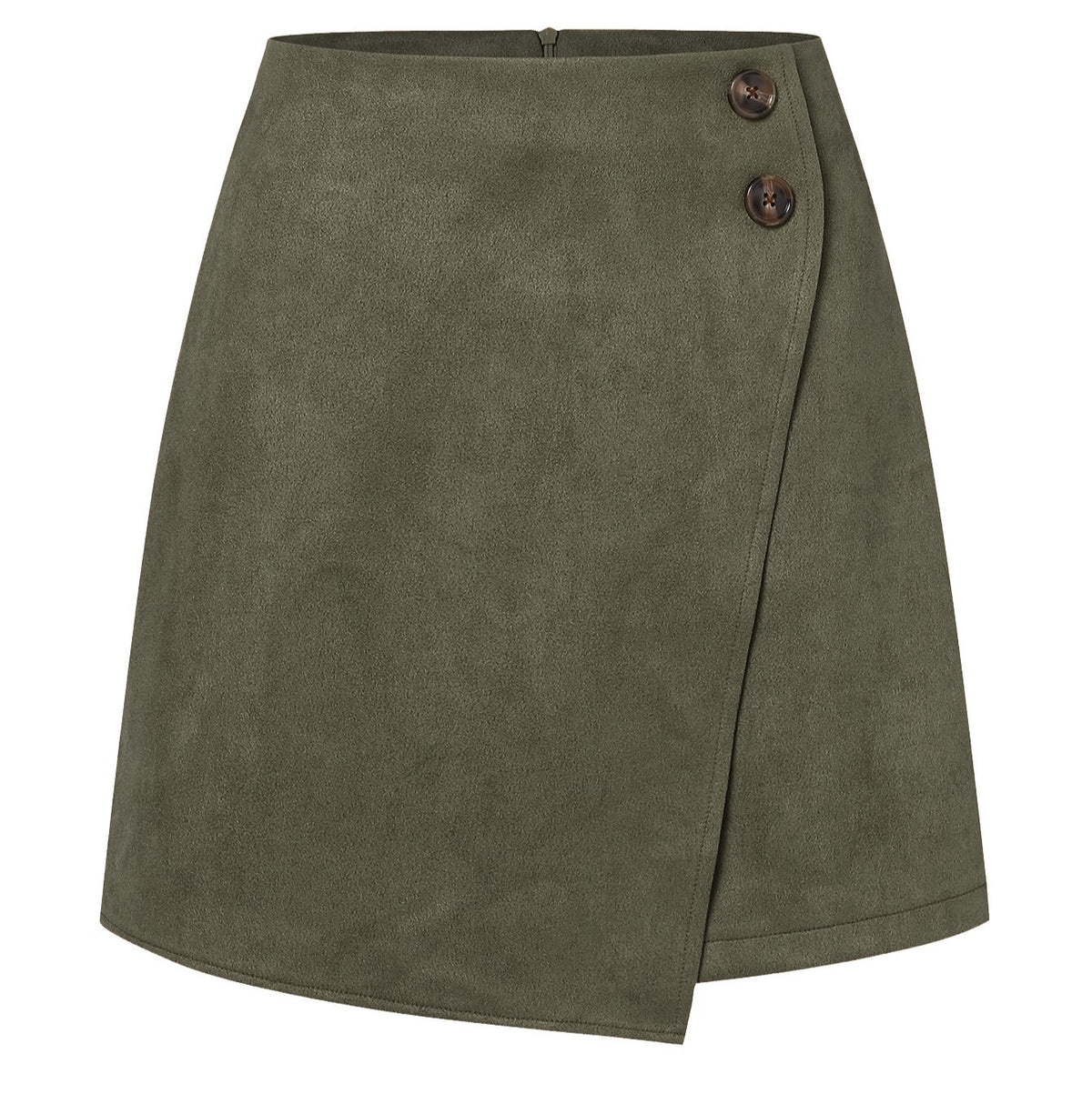 Buttoned Faux Suede Wrap Mini Skirt - Green