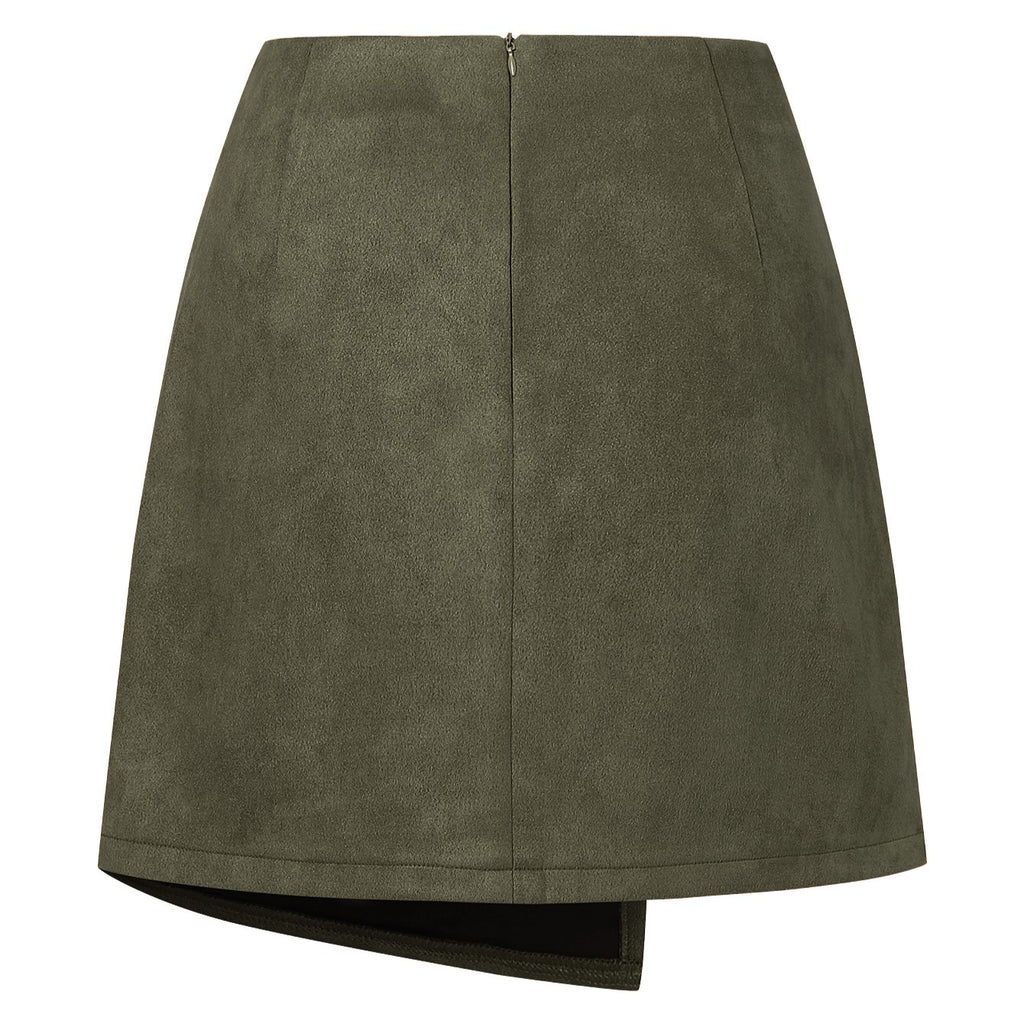 Buttoned Faux Suede Wrap Mini Skirt - Green - 1