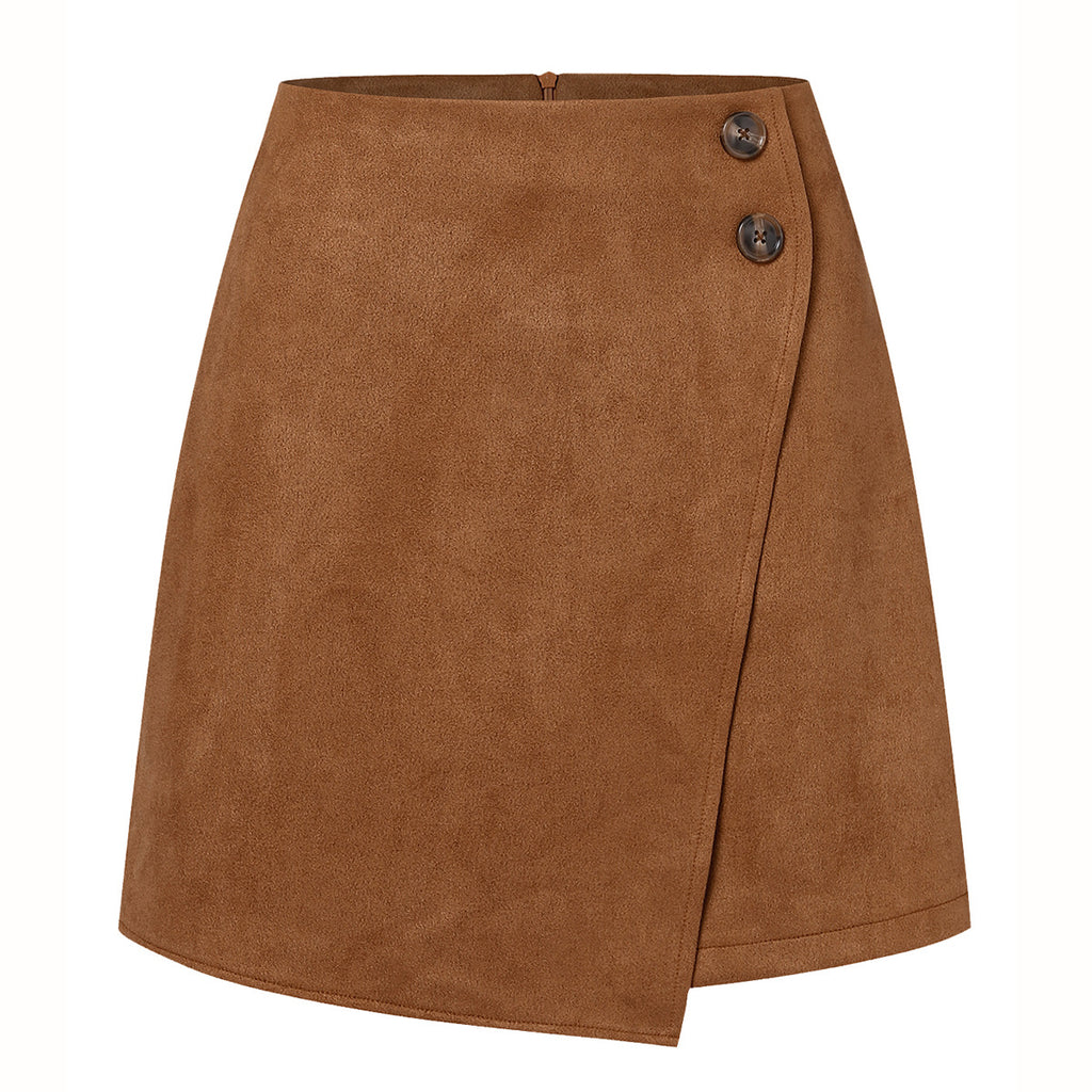 Buttoned Faux Suede Wrap Mini Skirt - Khaki