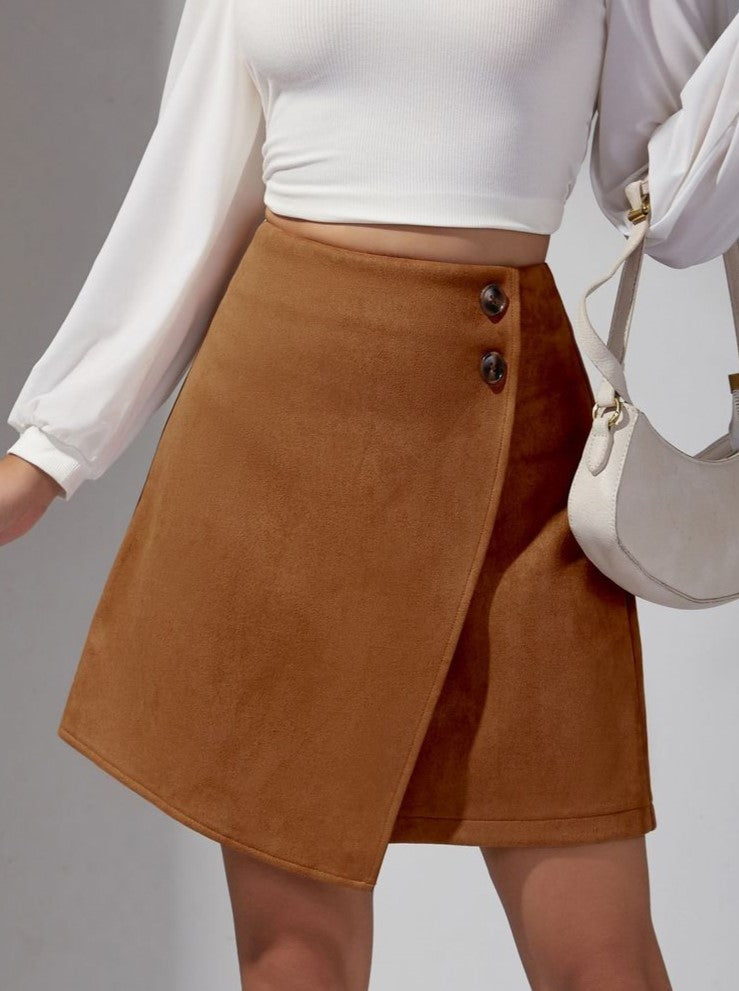 Buttoned Faux Suede Wrap Mini Skirt - Khaki - 1