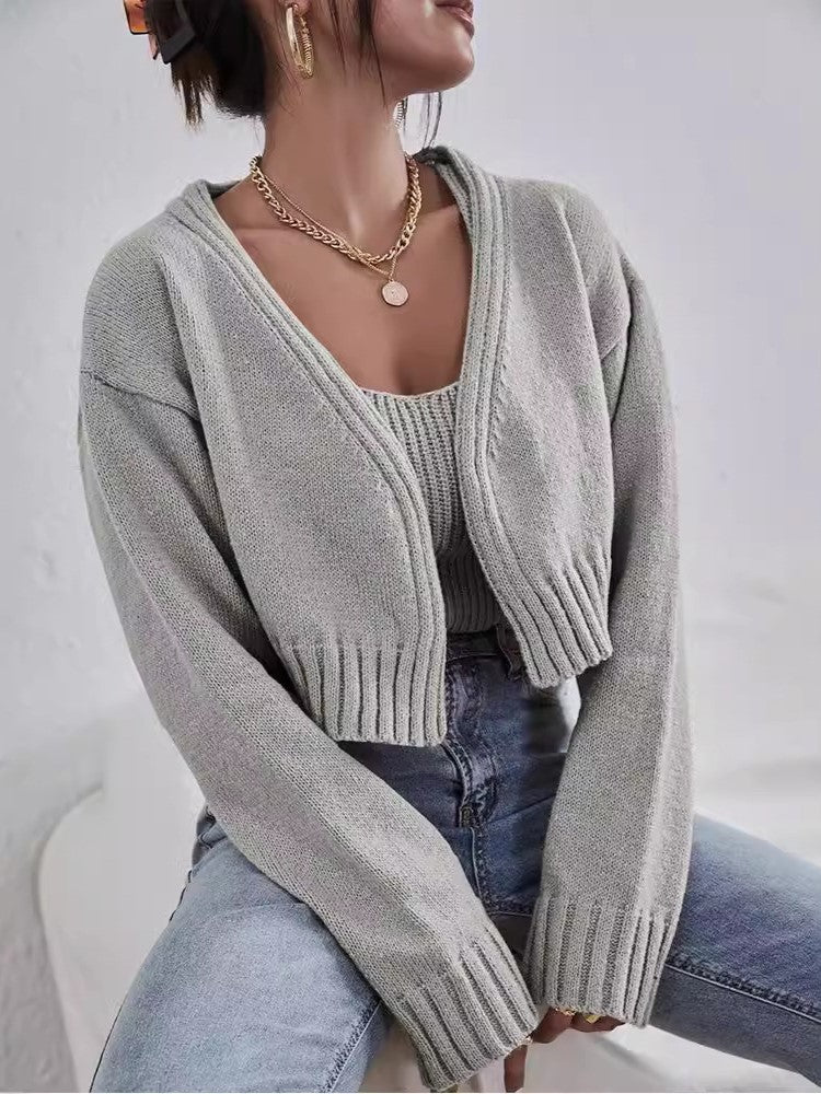 Cropped Knit Tank Cardigan Set - Grey