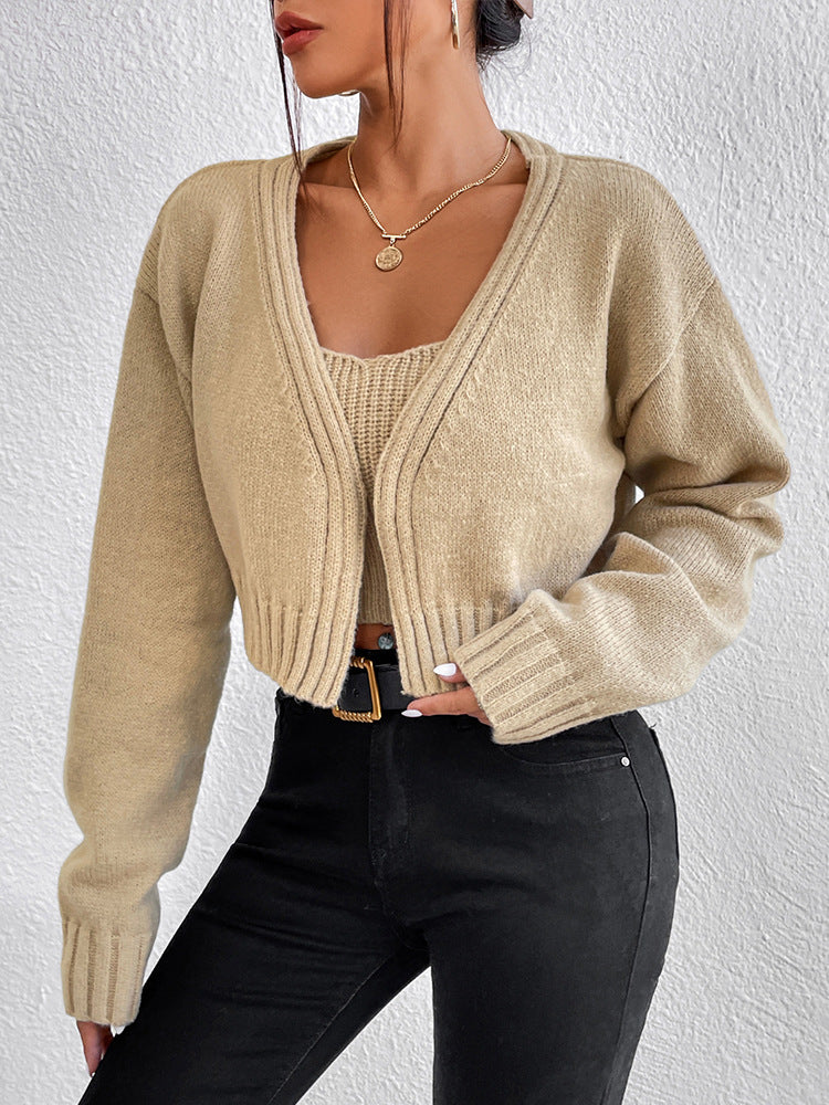 Cropped Knit Tank Cardigan Set - Khaki - 3