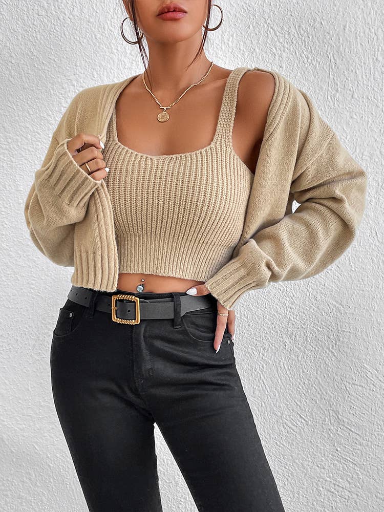 Cropped Knit Tank Cardigan Set