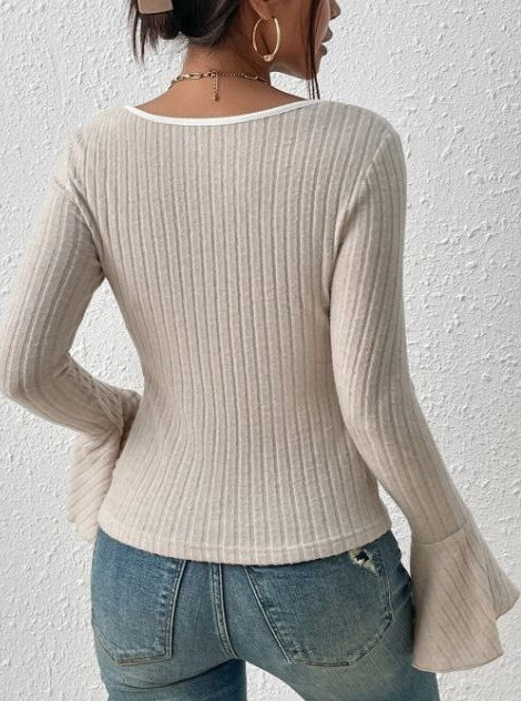 Contrast Trim Square Neck Bell Sleeve Ribbed Top - Apricot - 2