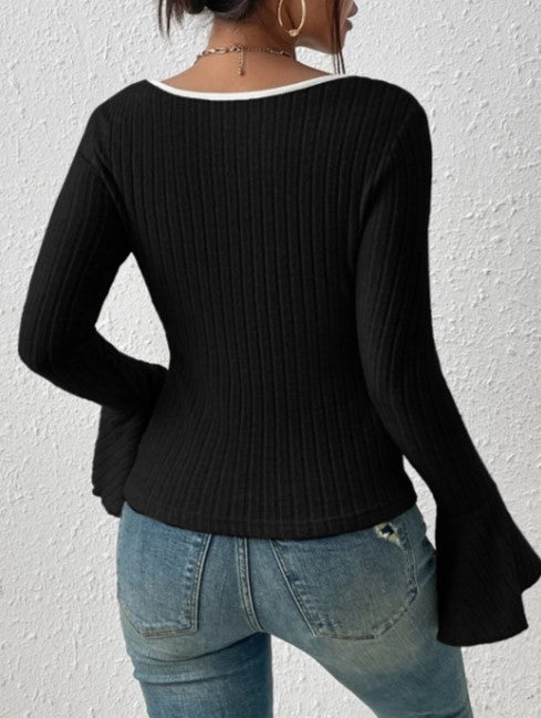 Contrast Trim Square Neck Bell Sleeve Ribbed Top - Black - 3