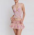 Floral Halter Top and Ruffle Skirt Set - Pink