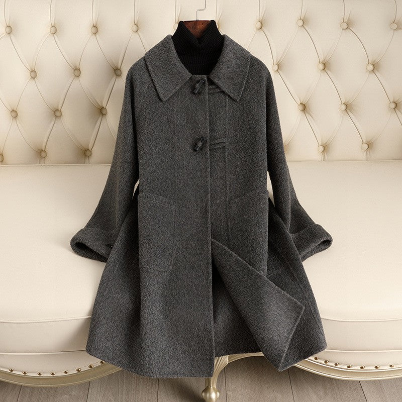 Brushed Wool Toggle Button Long Swing Coat - Charcoal Gray