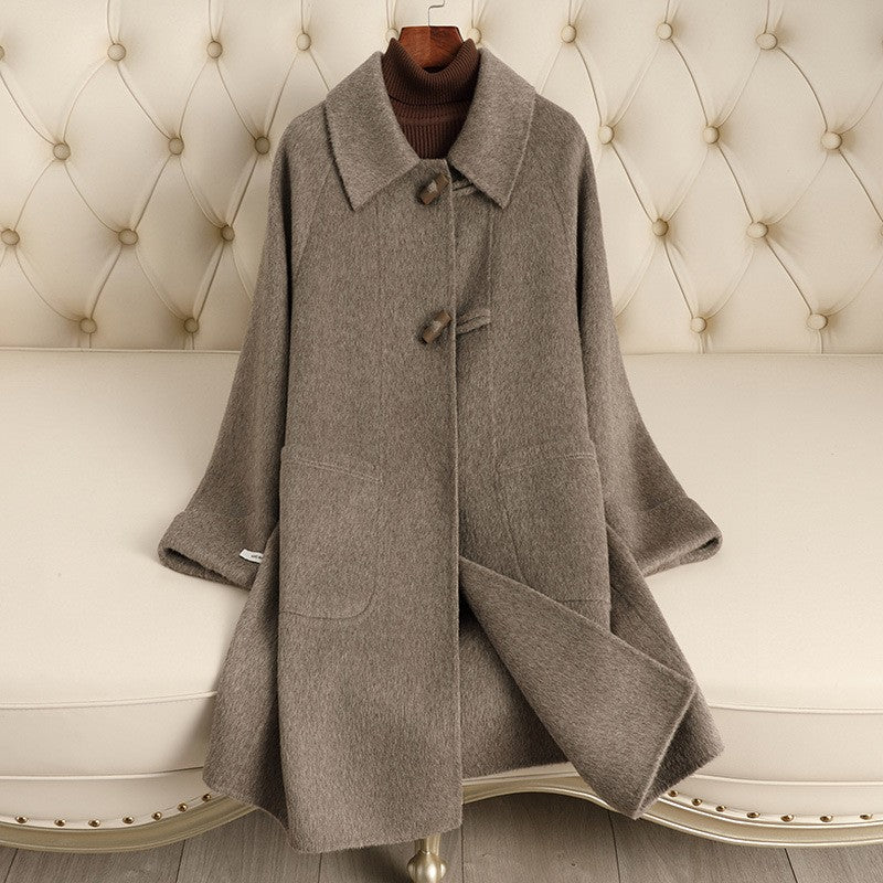 Brushed Wool Toggle Button Long Swing Coat - Taupe
