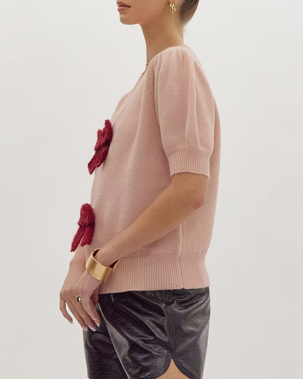 Bow Applique V Neck Knit Top - Pink - 1
