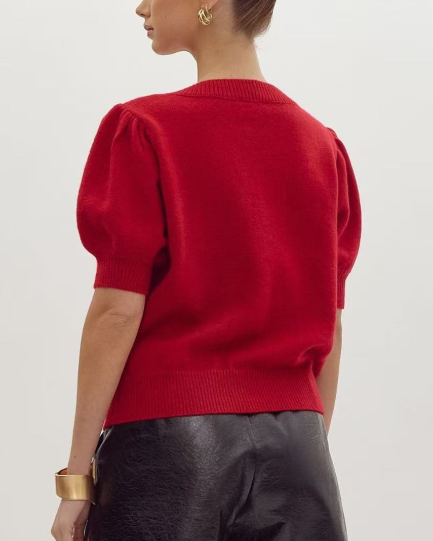 Bow Applique V Neck Knit Top - Red - 1