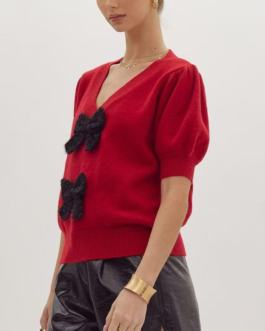 Bow Applique V Neck Knit Top - Red - 2