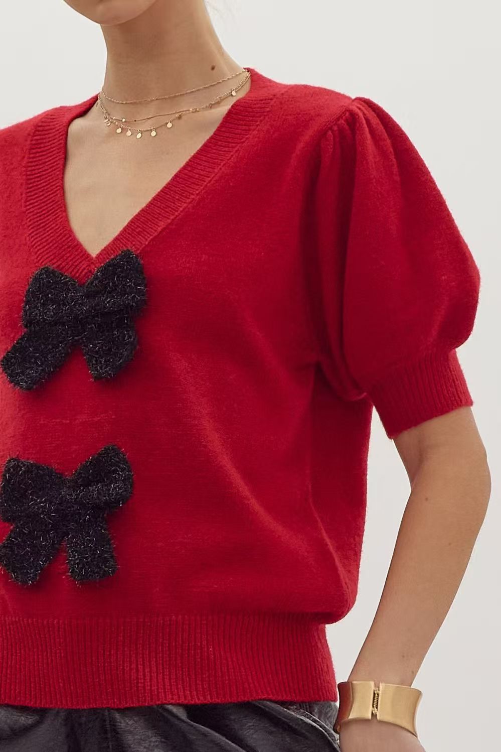 Bow Applique V Neck Knit Top - Red - 3