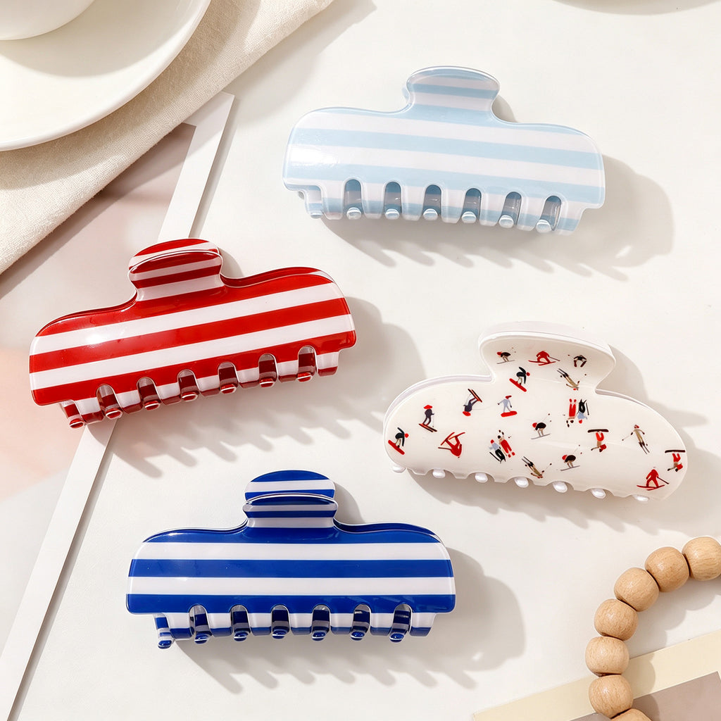 Large Hair Claw Clip in Stripe and Skier Prints - Coffee