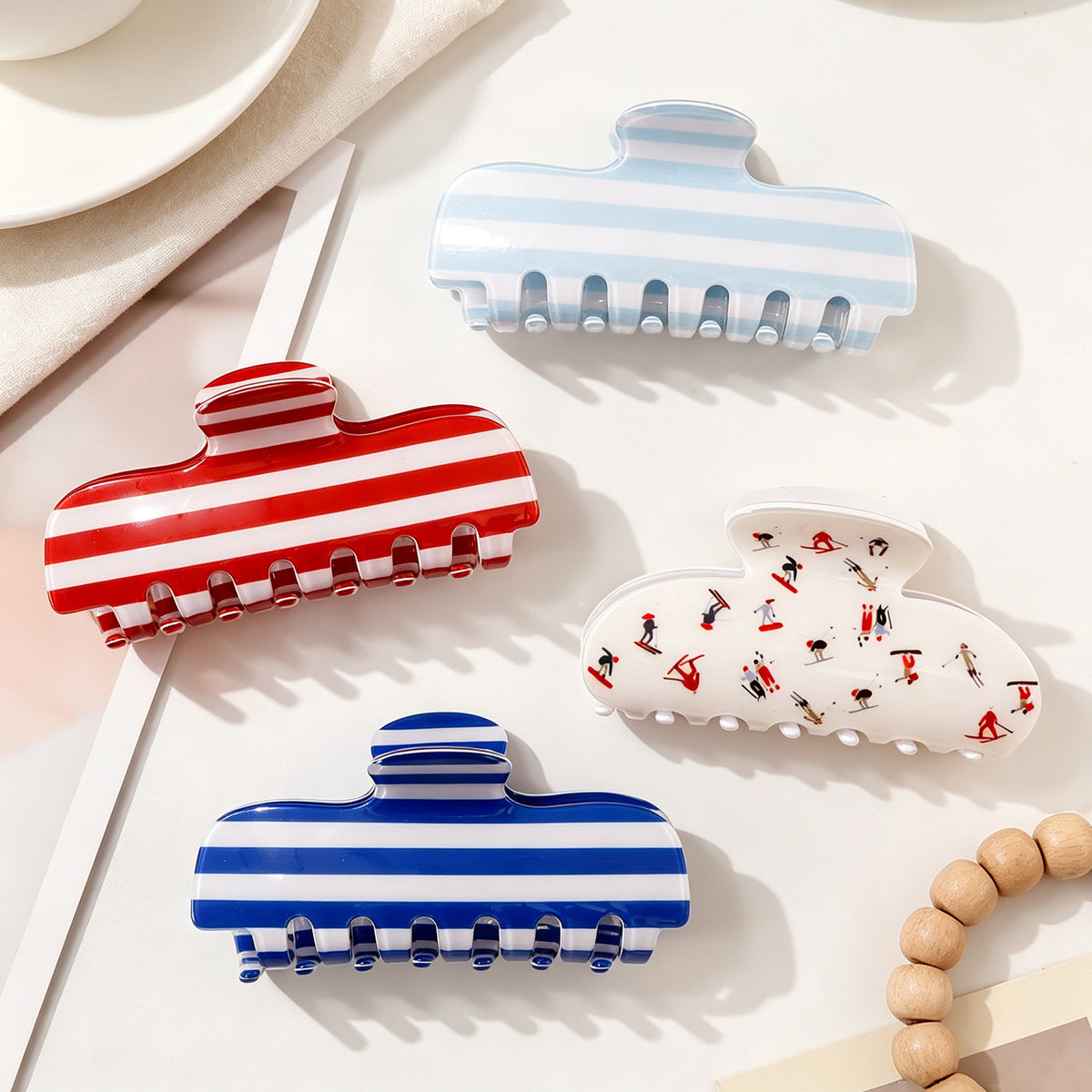 Large Hair Claw Clip in Stripe and Skier Prints - Coffee