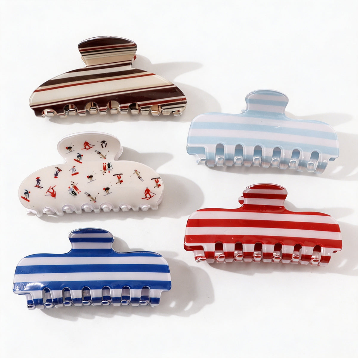 Large Hair Claw Clip in Stripe and Skier Prints - Coffee - 2