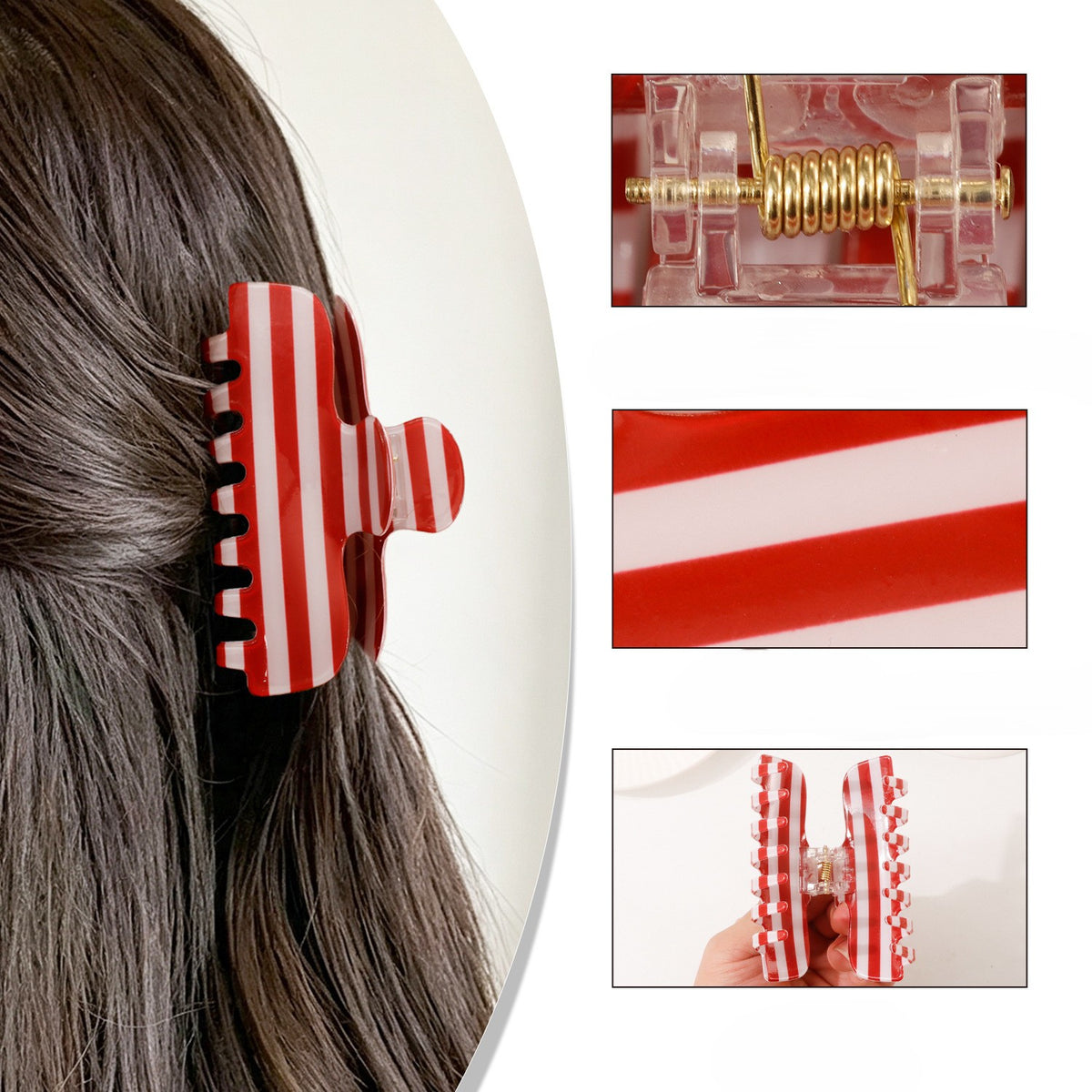 Large Hair Claw Clip in Stripe and Skier Prints - Coffee - 3