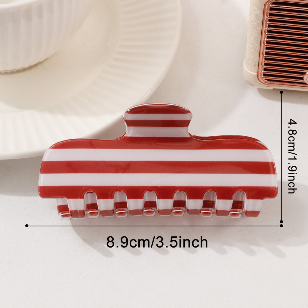 Large Hair Claw Clip in Stripe and Skier Prints - Red