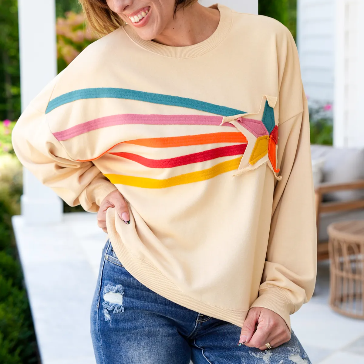 Shooting Star Stripe Oversized Sweatshirt - Apricot - 1