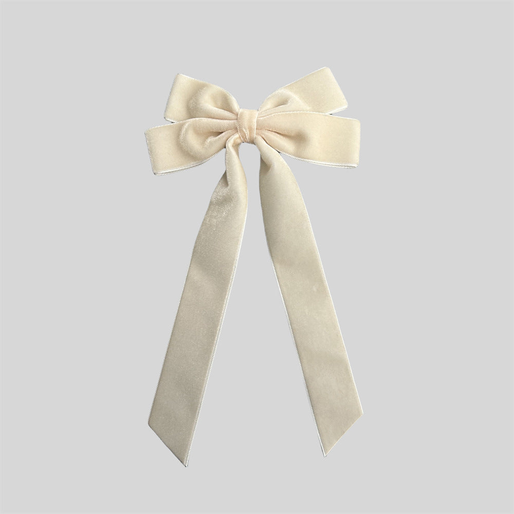 Velvet Ribbon Tail Bow Hair Clip - Beige