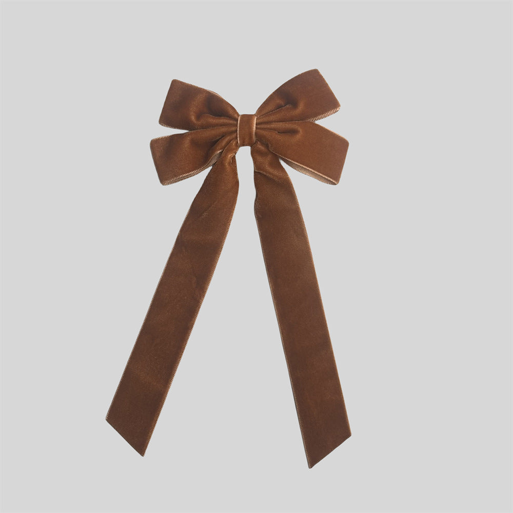 Velvet Ribbon Tail Bow Hair Clip - brown