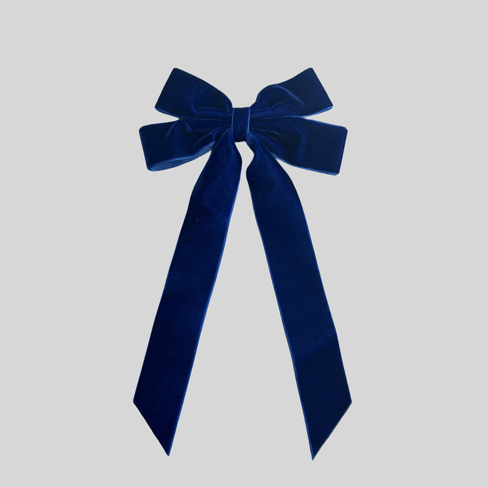 Velvet Ribbon Tail Bow Hair Clip - navy