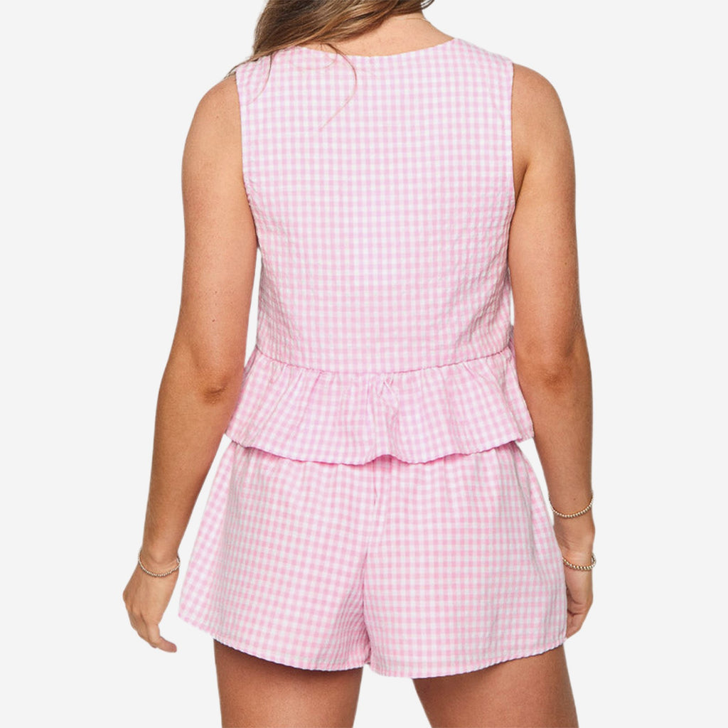 Checked Peplum Tie Top With Ruffle Shorts - Pink - 3