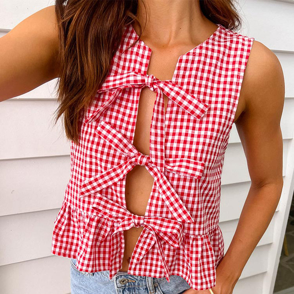 Checked Peplum Tie Top With Ruffle Shorts - Red - 1