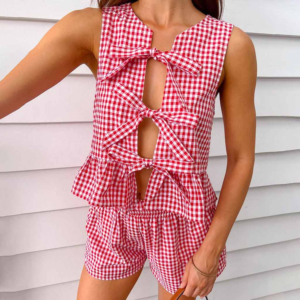 Checked Peplum Tie Top With Ruffle Shorts - Red - 2