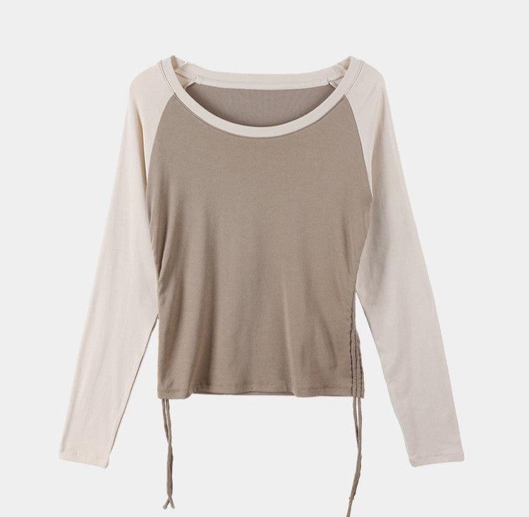 Drawstring Ruched Side Colorblock Knit Top - Khaki - 1