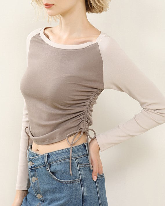 Drawstring Ruched Side Colorblock Knit Top - Khaki - 5